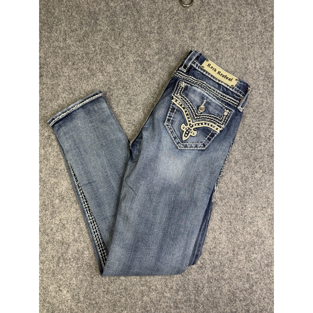 Women's Rock Revival Donna Easy Skinny Blue Jeans Size 28 X 30 Biker Rock